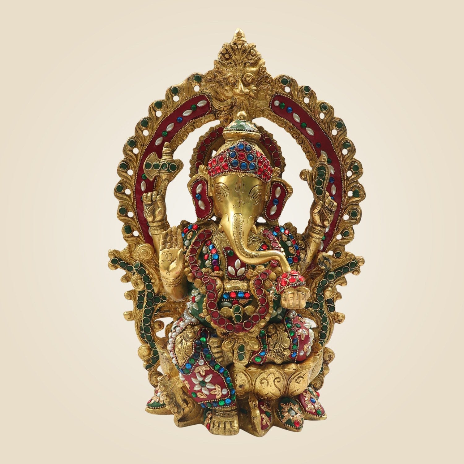 Ganesh Brass Murti 15" - Decorative Idol with Pearl & Colorful Stone Inlay Work