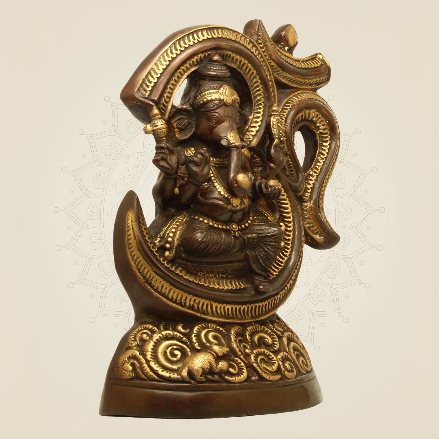Brass Ganesh Idol Seated in Om Ring 15" Statue– Handcrafted Divine Decor