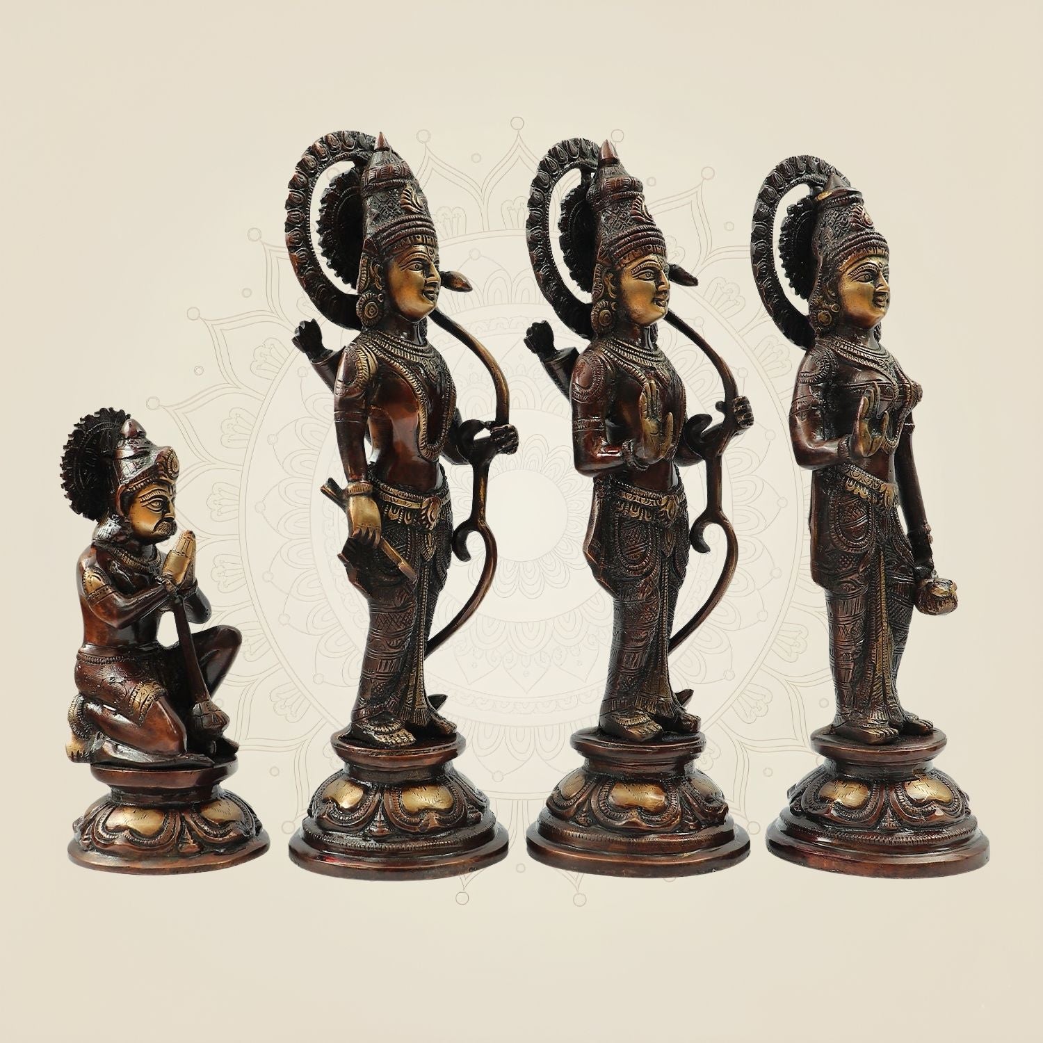 Antique Polish Brass Ram Darbar Idol Set | Rama Sita Lakshman Hanuman Murti 12.5" for Temple & Home Decor