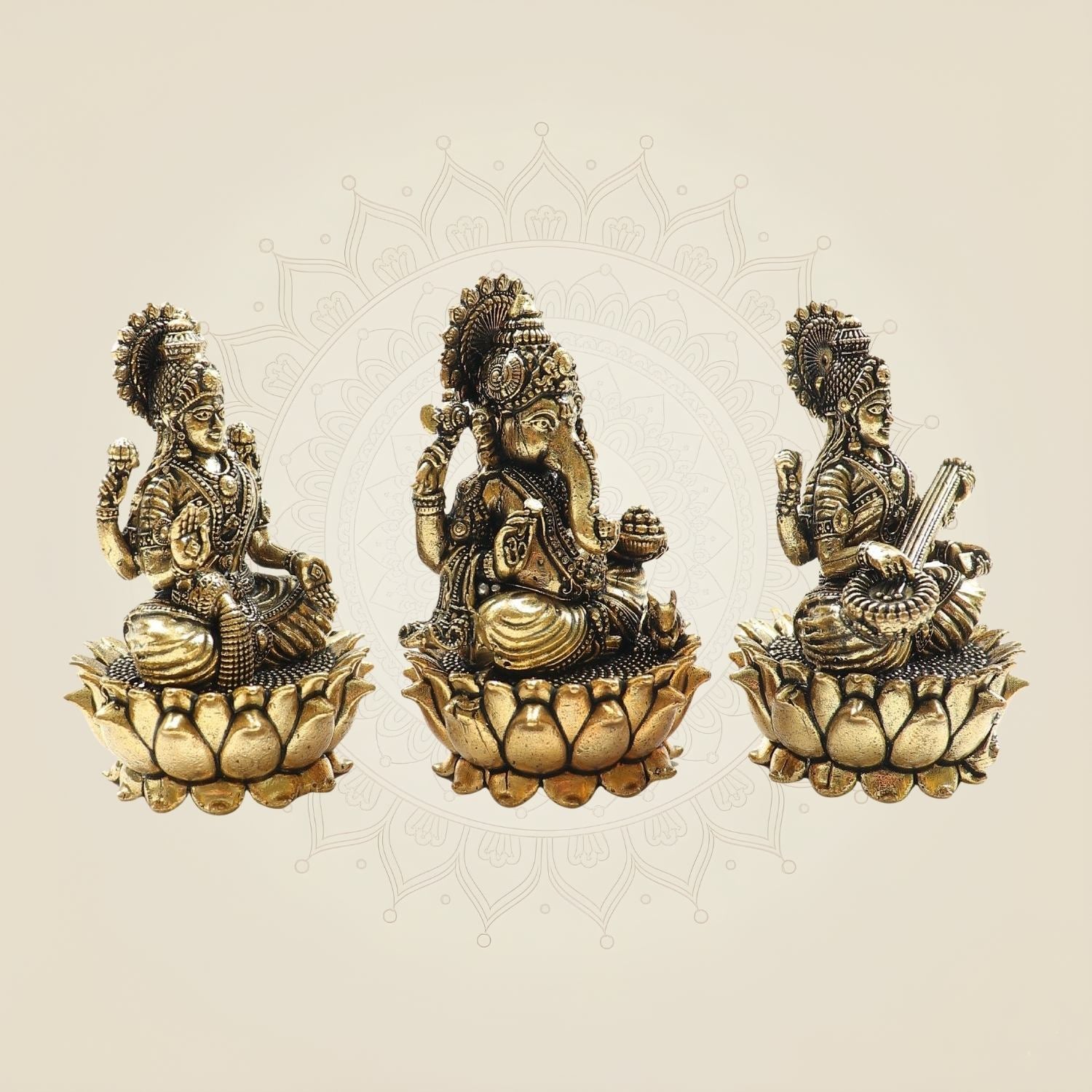 Lakshmi Ganesh Saraswati Idol on Lotus Set 3" – Small Size Pair for Pooja & Décor