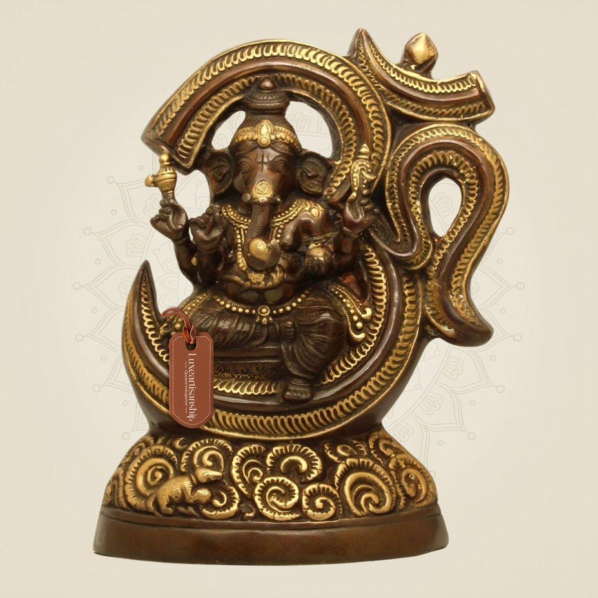 Brass Ganesh Idol Seated in Om Ring 15" Statue– Handcrafted Divine Decor