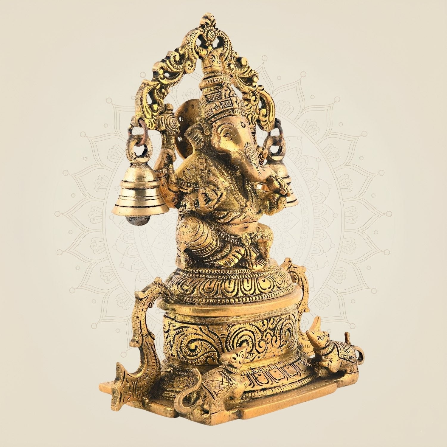 7.75" Brass Lord Ganesha Idol on High Pedestal with Hanging Bells | Handmade Superfine Statue