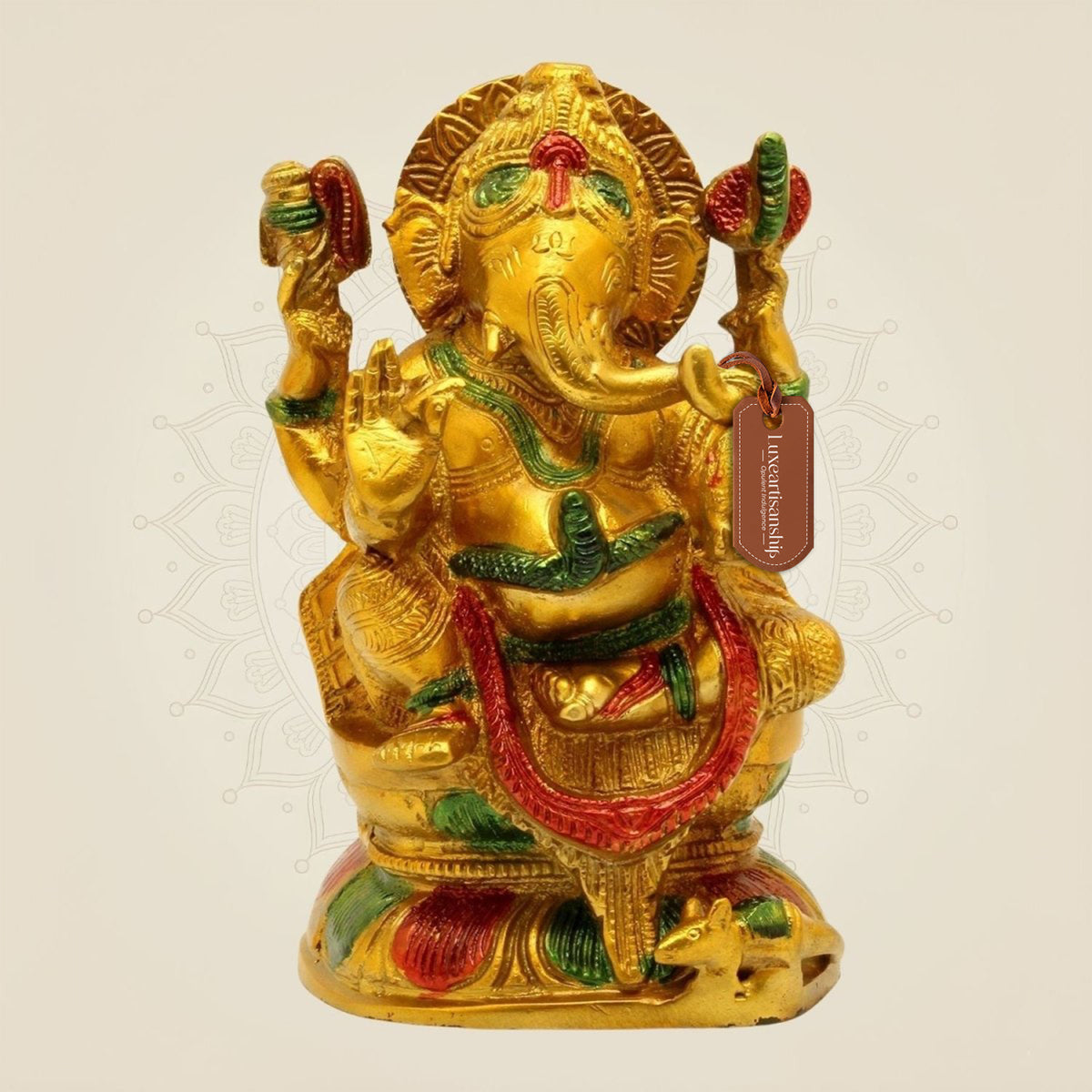 Hand-Painted Brass Ganesha Idol – 7.5" Murti for Mandir & Gift Decor