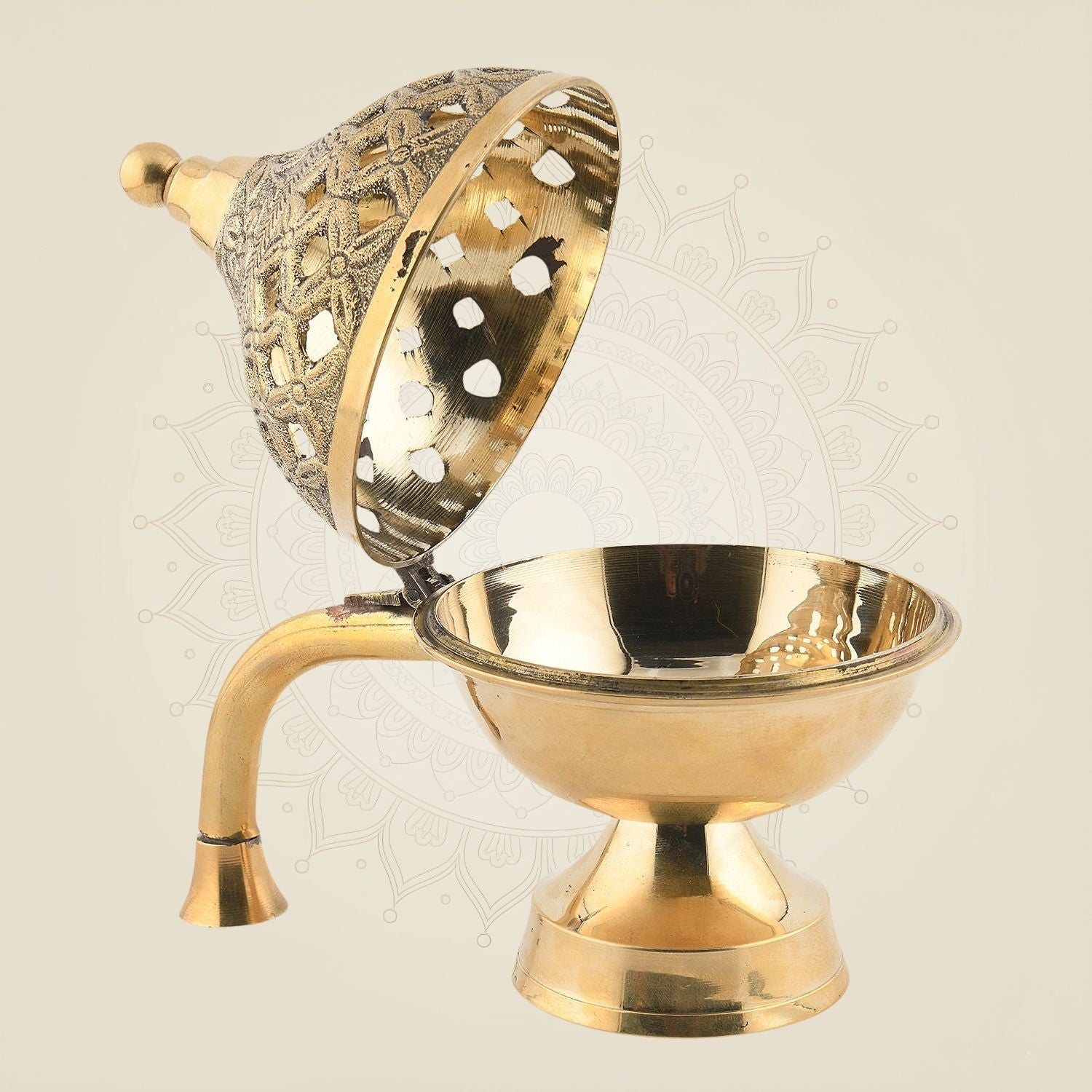 6" Brass Dhoop Dani with Handle – Floral Design Incense Burner