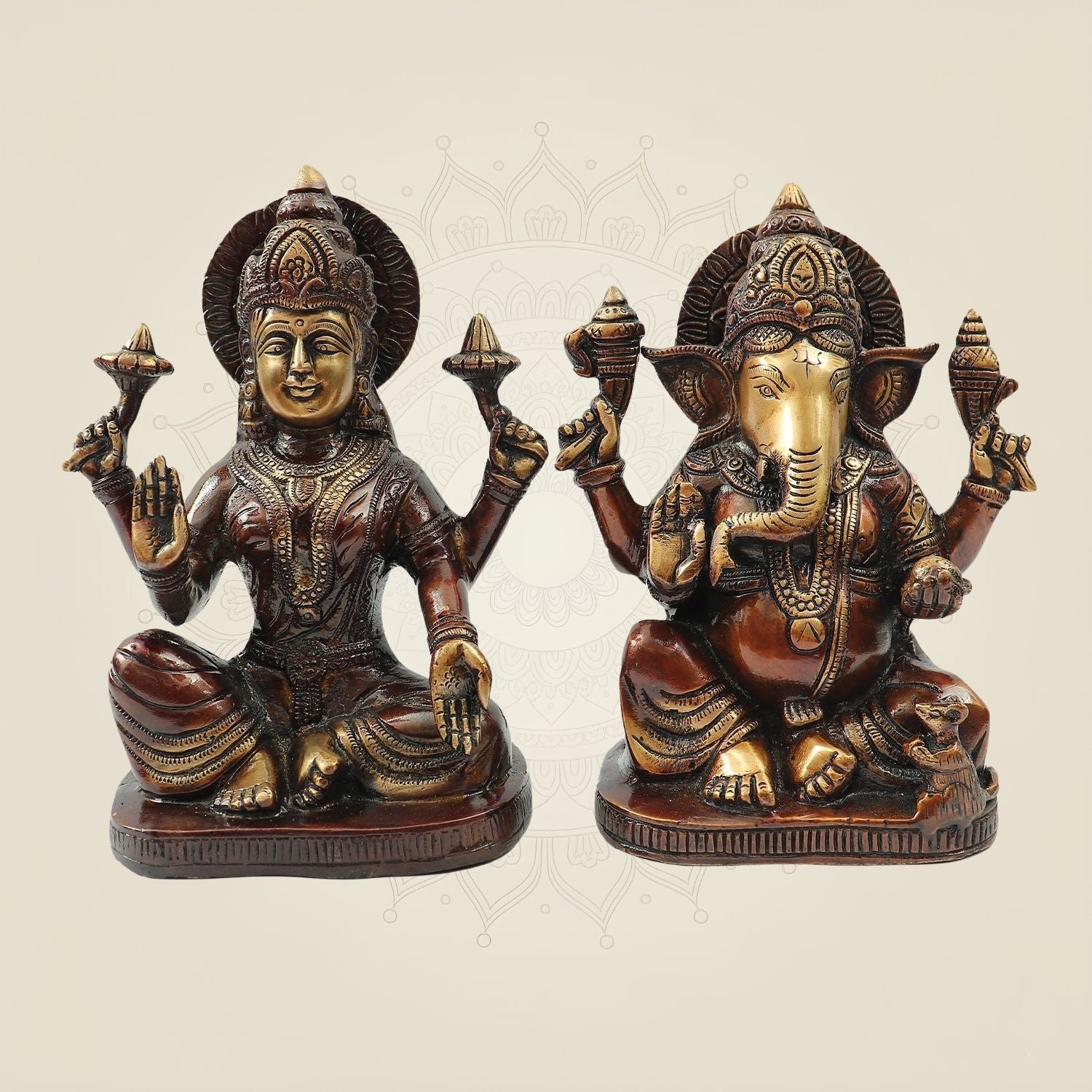 Colorful Brass Lakshmi Ganesh Idol Pair 8" | Decorative Laxmi Ganesha Statue for Temple & Home