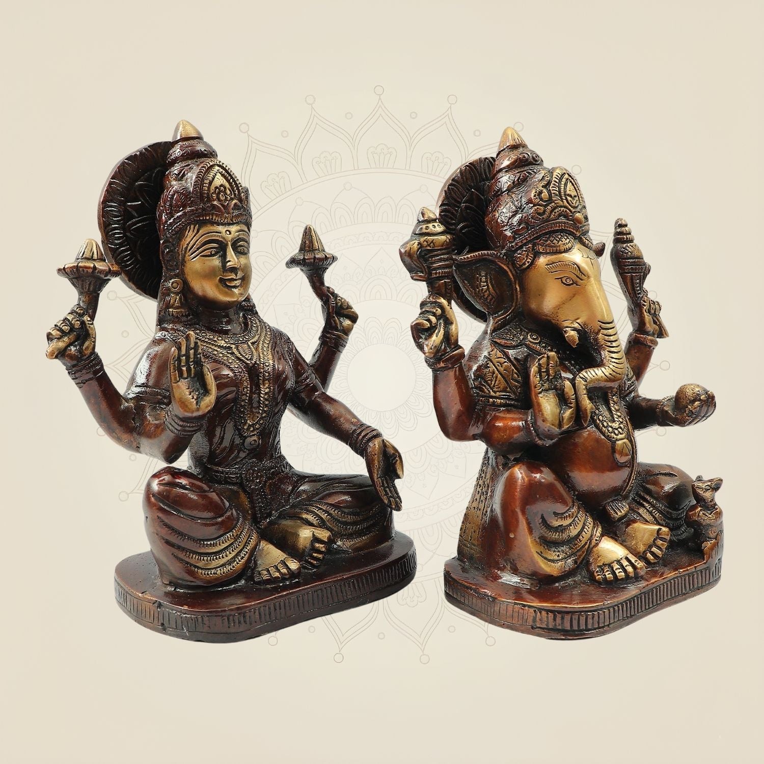 Colorful Brass Lakshmi Ganesh Idol Pair 8" | Decorative Laxmi Ganesha Statue for Temple & Home