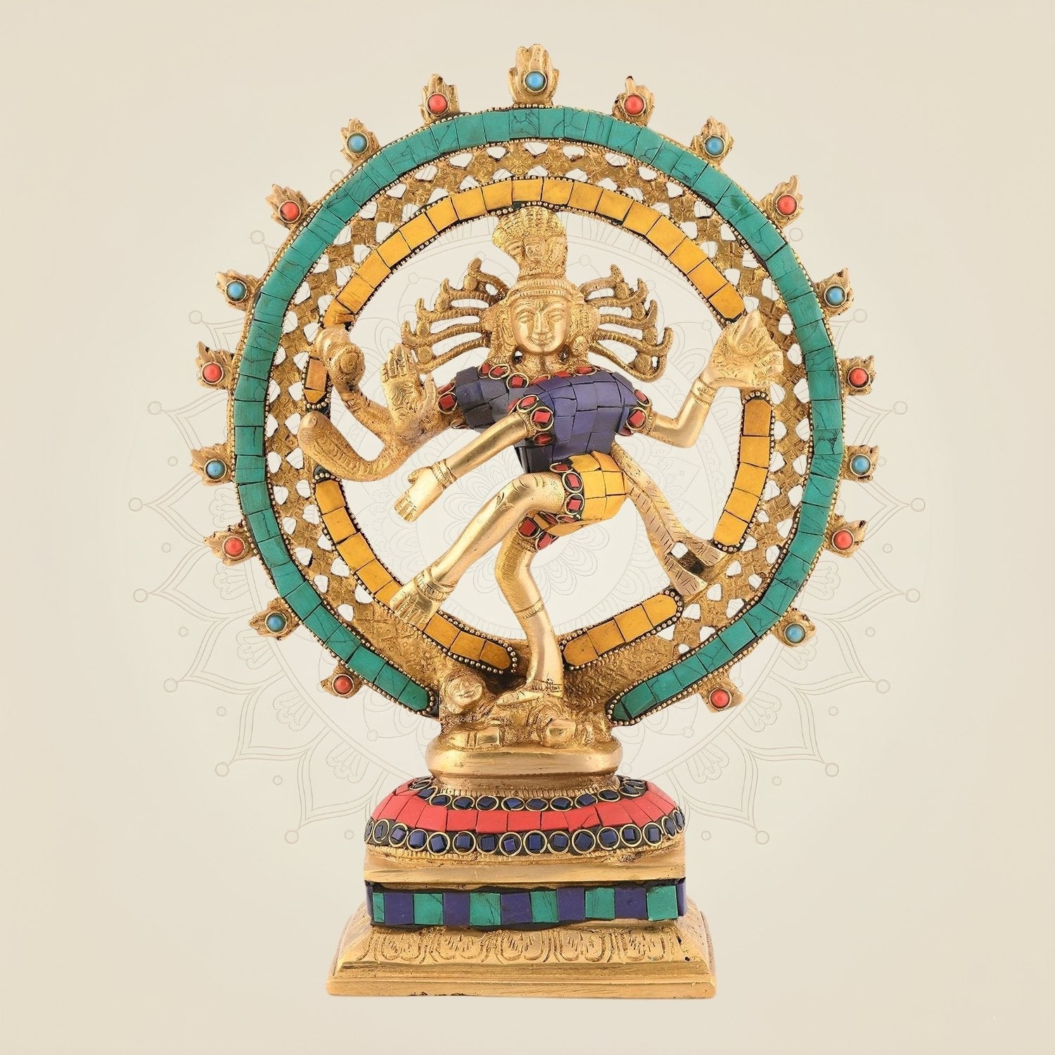 Brass Dancing Shiva Nataraja Idol 11.25" | Multicolor Gemstone Work | Hindu God for Home Decor
