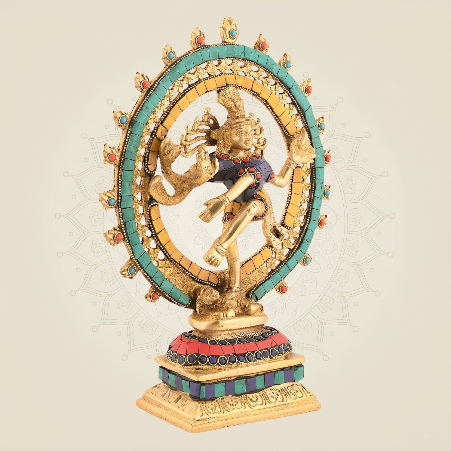 Brass Dancing Shiva Nataraja Idol 11.25" | Multicolor Gemstone Work | Hindu God for Home Decor