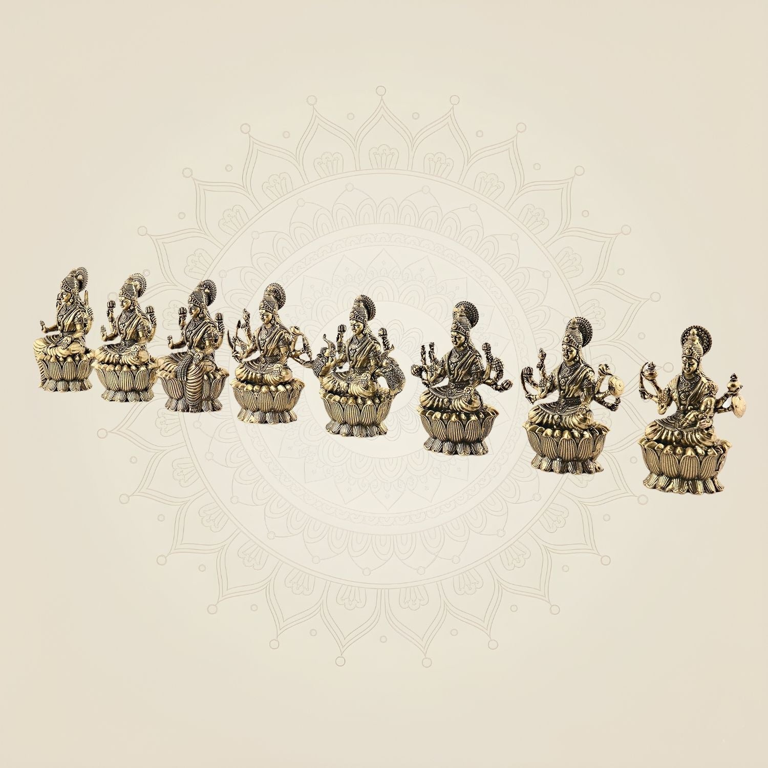 Brass Ashtalakshmi Idol Set – 8 Goddess Statues with Lotus Base 3" Each