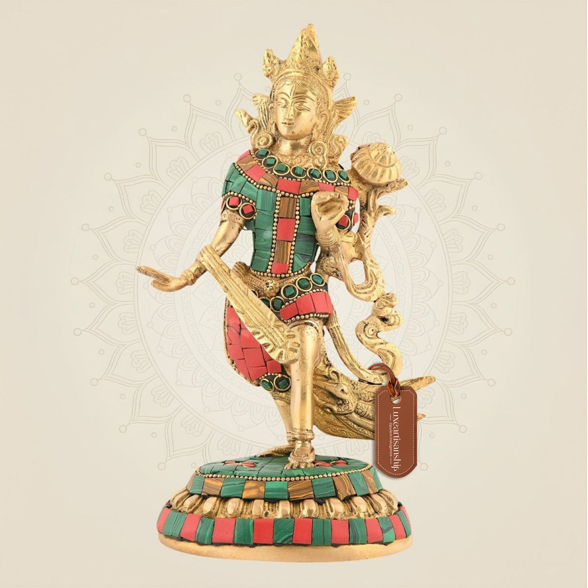 Standing Goddess Tara Maa 9" - Brass Handwork Statue with Multicolor Gemstone Work