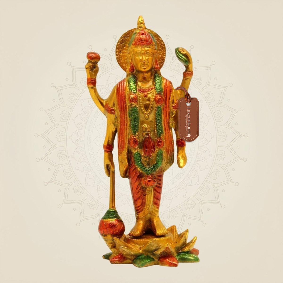 Hand-Painted Brass Vishnu Idol 8.25" – Standing Statue on Lotus Base