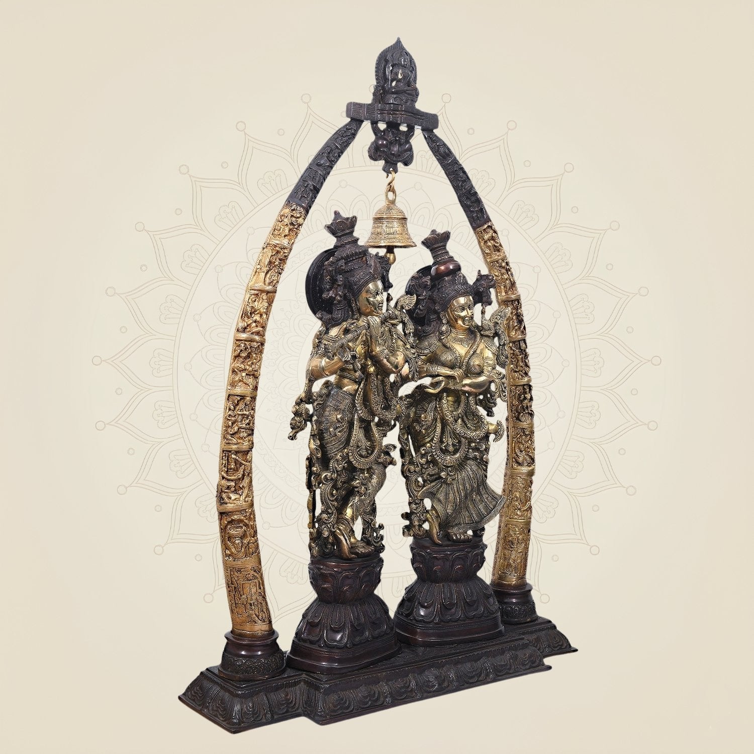 Grand Brass Radha Krishna Idol with Pillars & Bell 44.5" – Golden Brown Finish