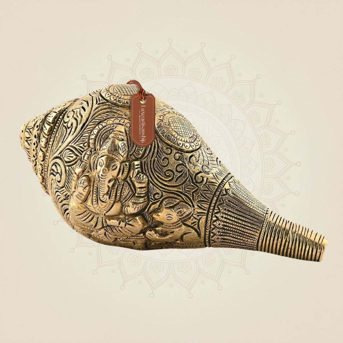 Handcrafted Brass Shankh with Detailed Lord Ganesha Sculpture for Home Decor 4"