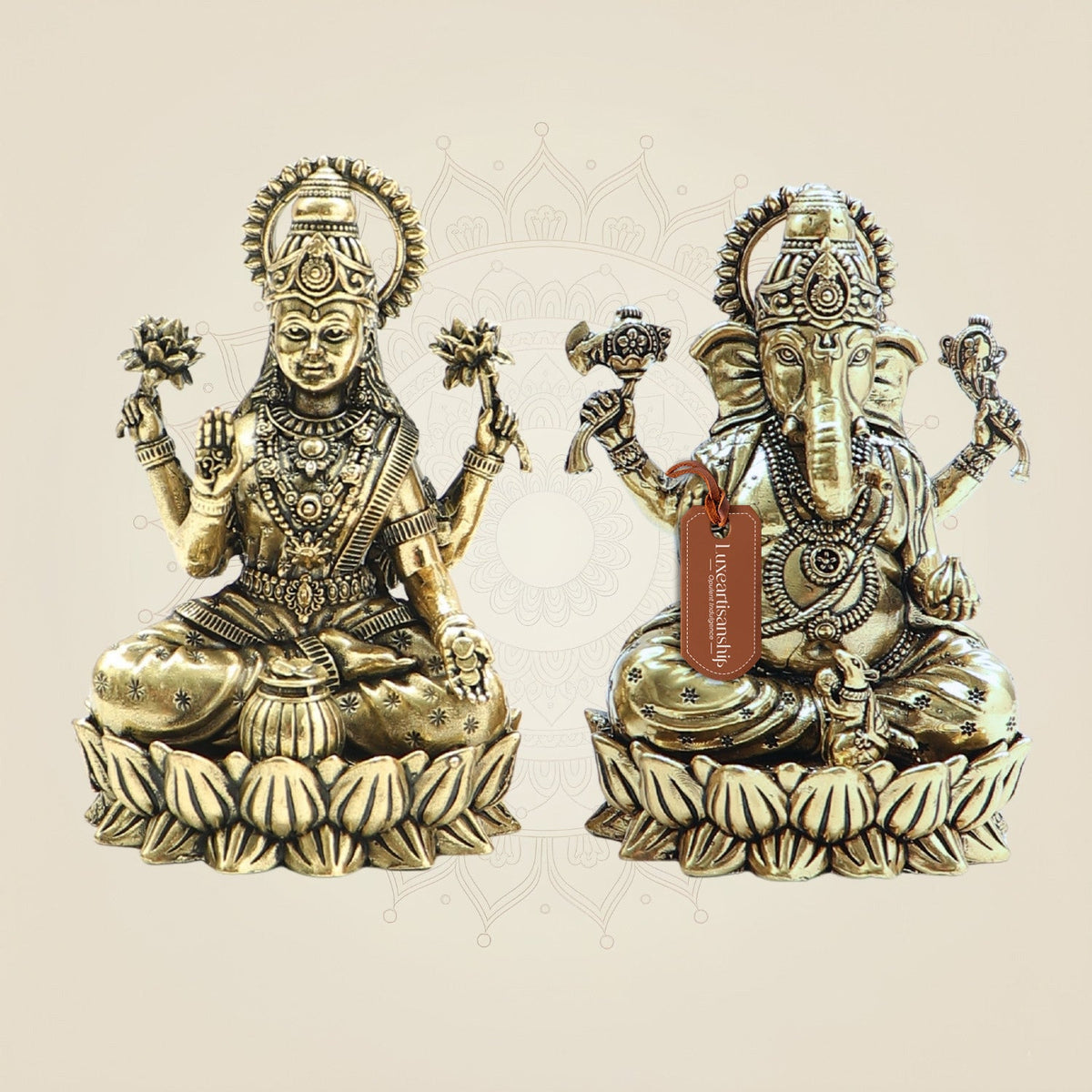 Brass Lakshmi Ganesha on Lotus – 4" Pair • Wealth & Wisdom Idols Set