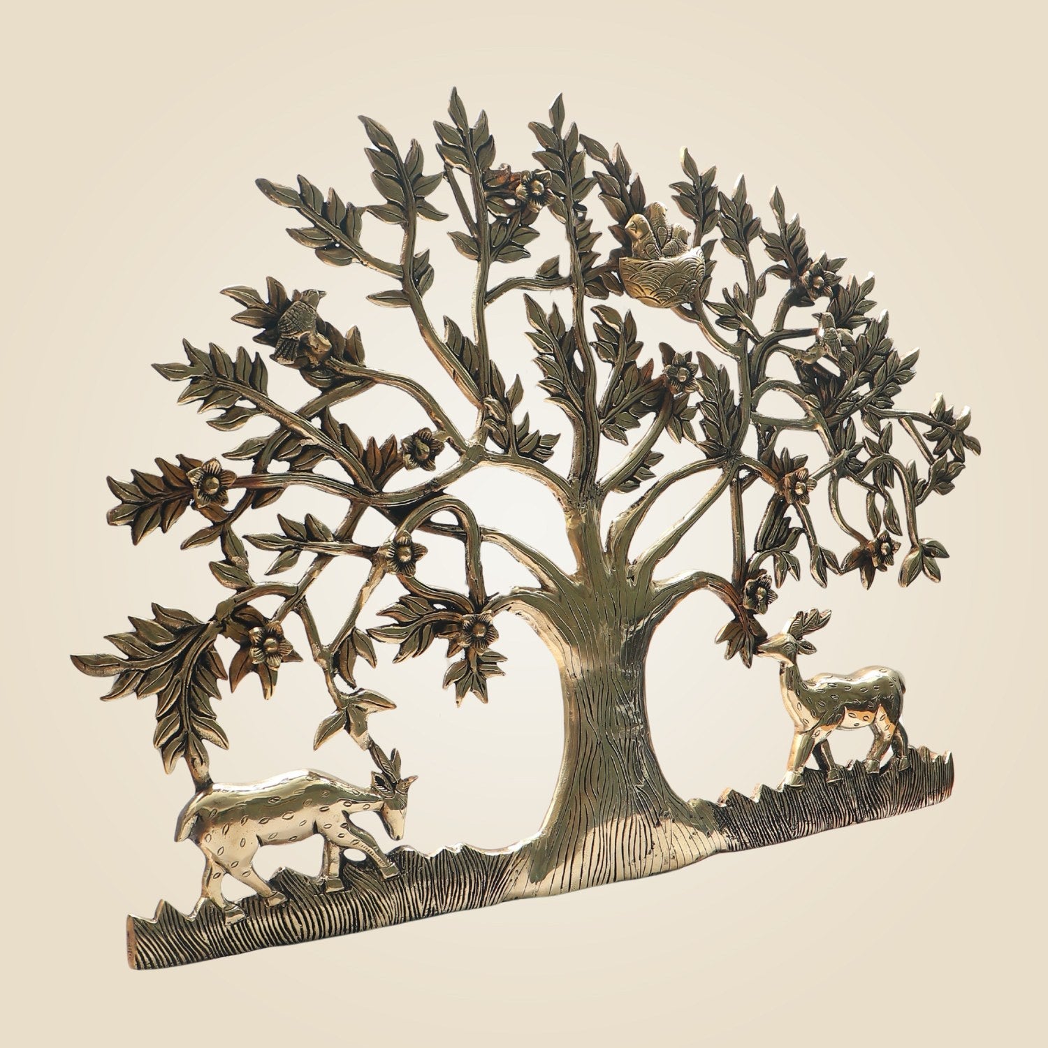 Brass Tree of Life Wall Art 22"- Kalpavruksha with Deer & Birds for Auspicious Décor