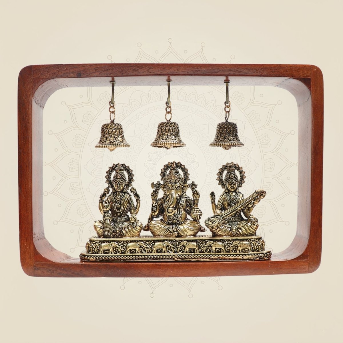8.25" Brass Lakshmi Ganesha Saraswati Idol Set in Wooden Frame with Hanging Bells - Luxeartisanship