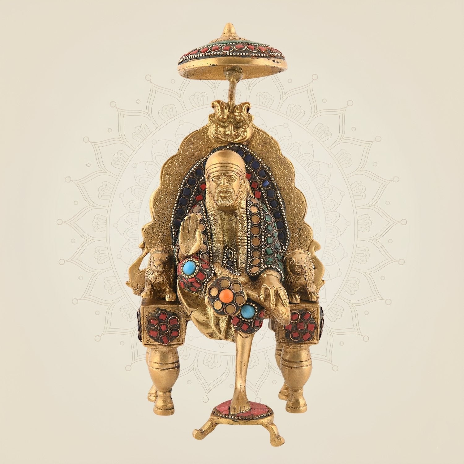 Shirdi Sai Baba Idol – 9.25" Pure Brass Statue with Multicolor Stonework | Divine Decor