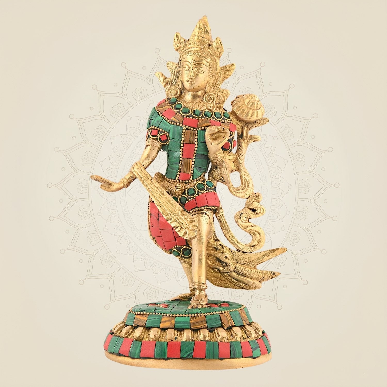 Standing Goddess Tara Maa 9" - Brass Handwork Statue with Multicolor Gemstone Work