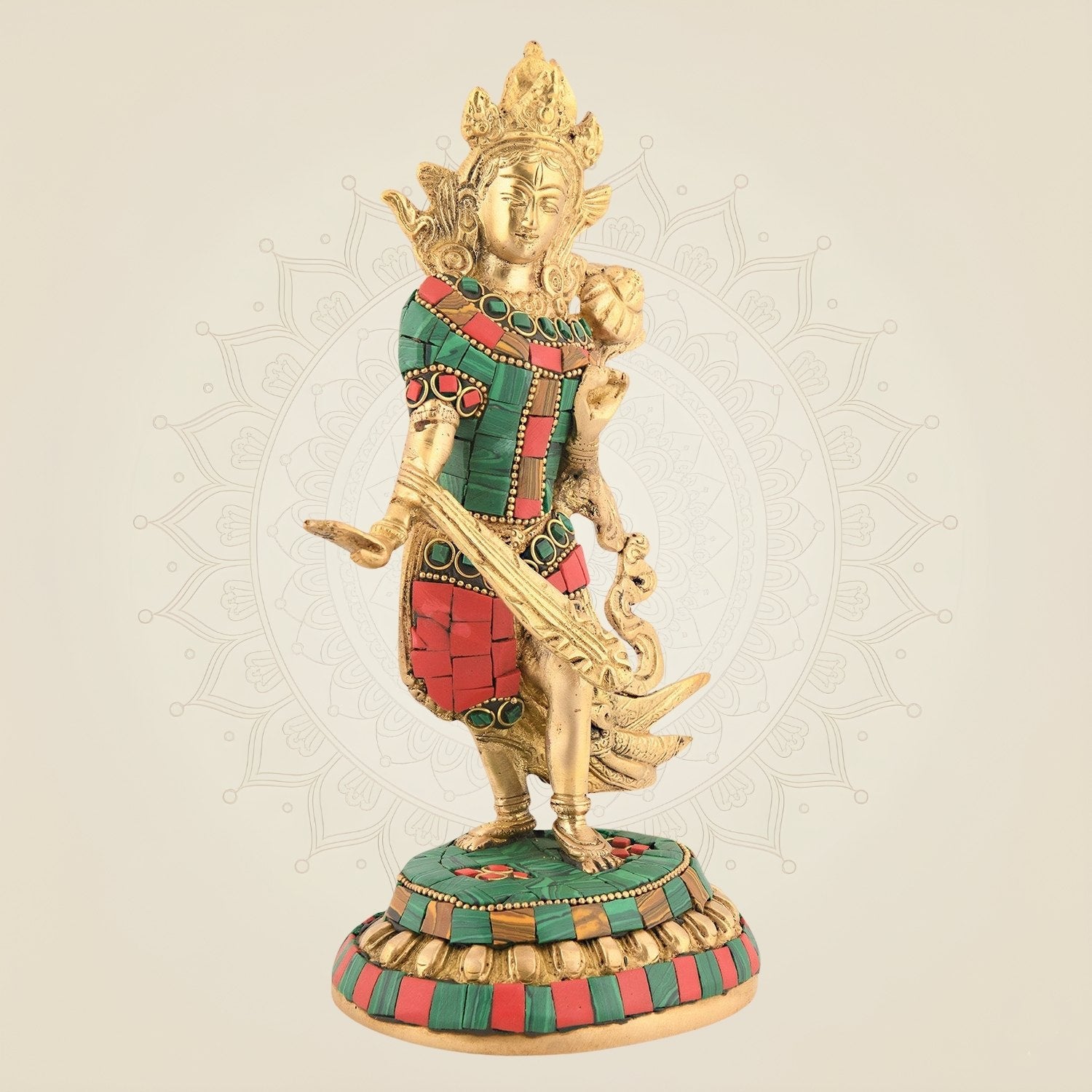 Standing Goddess Tara Maa 9" - Brass Handwork Statue with Multicolor Gemstone Work