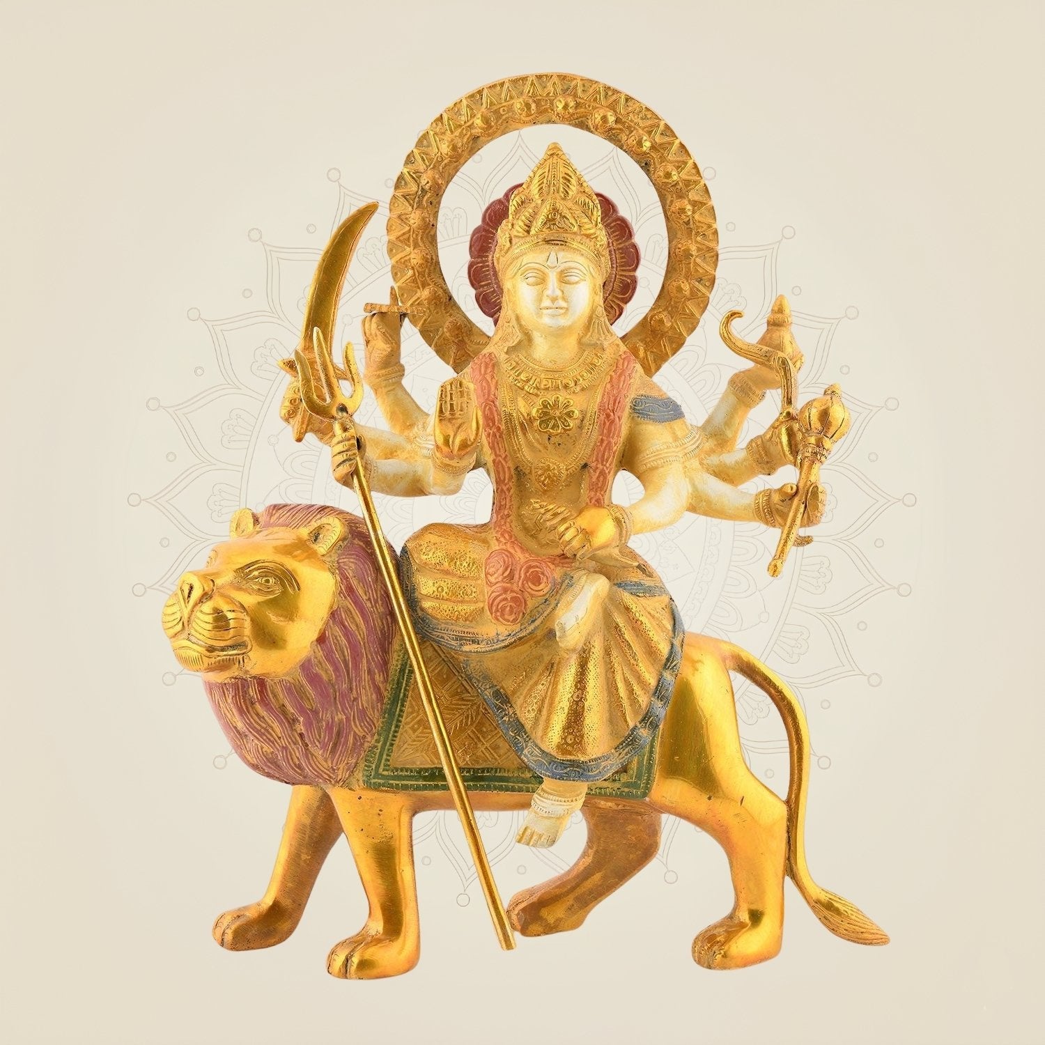 Maa Durga on Lion – 12" Brass Idol | Multicolor Mud Finish Showpiece