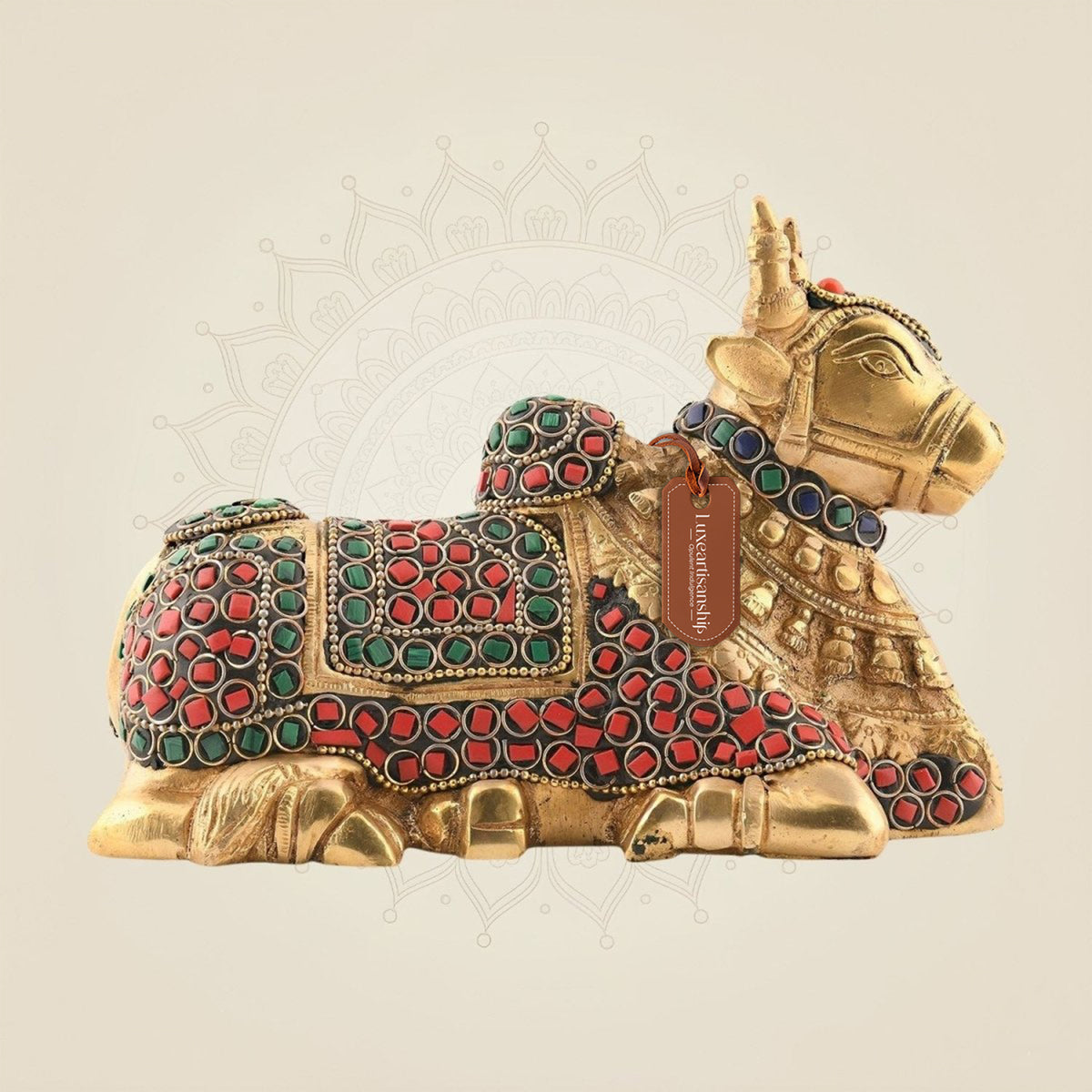 Brass Nandi Statue 4.75″ – Shiva’s Gatekeeper with Multicolor Stone Work Detailing