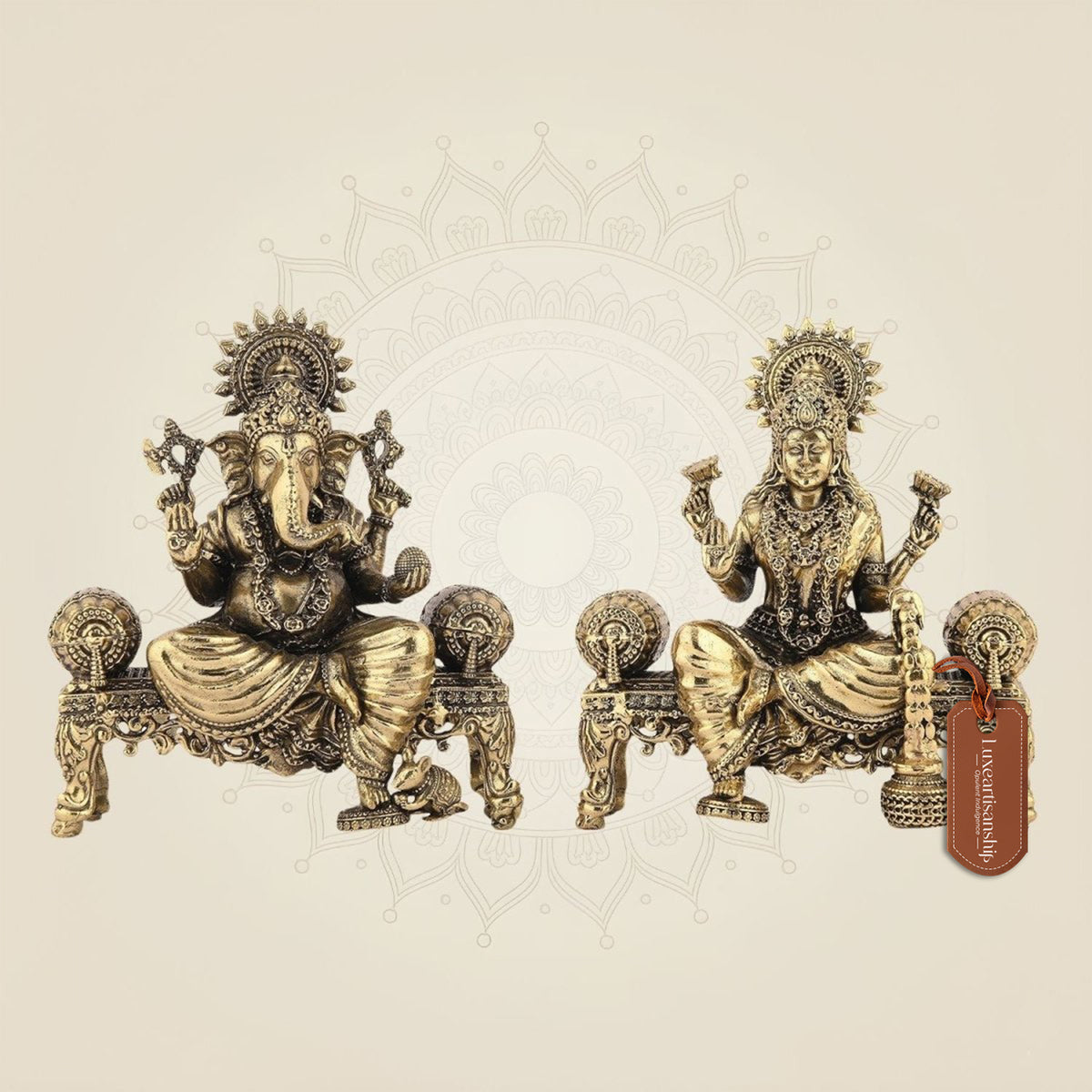 Laxmi Ganesh on Singhasan 4.5" Brass Idol – Superfine Lightweight Artisan Piece