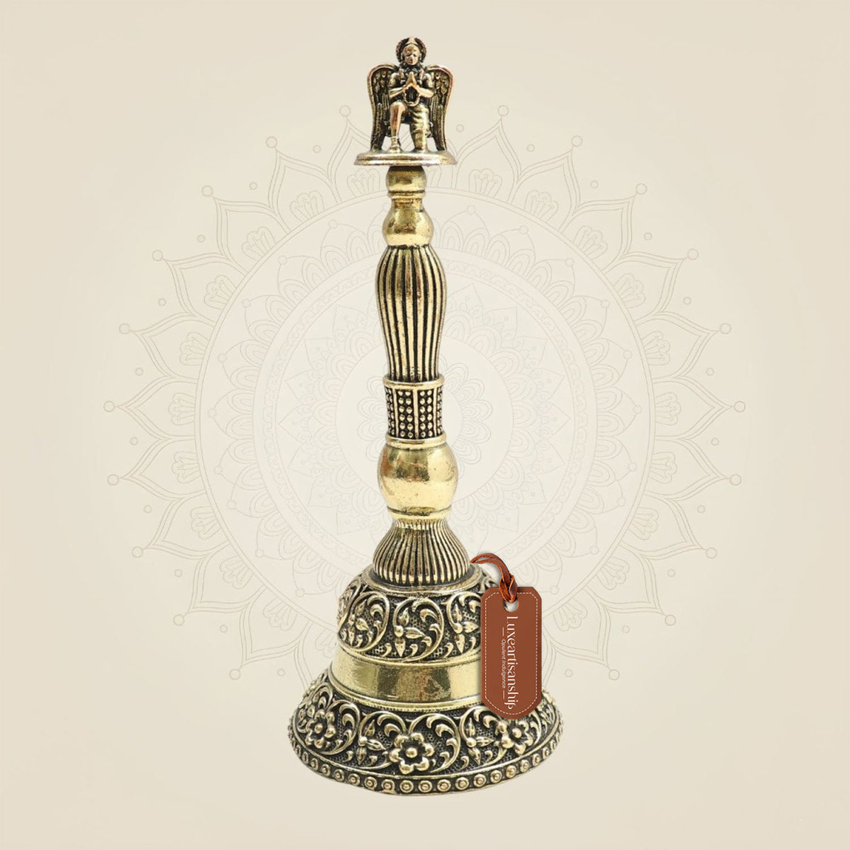 6.5" Medium Size Brass Garuda Hand Bell Featuring Traditional Sacred Motifs