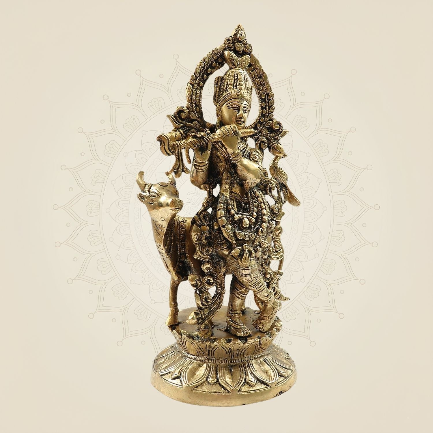 Lord Krishna Brass Idol – Murari Krishna with Cow Handcrafted Murti 12"