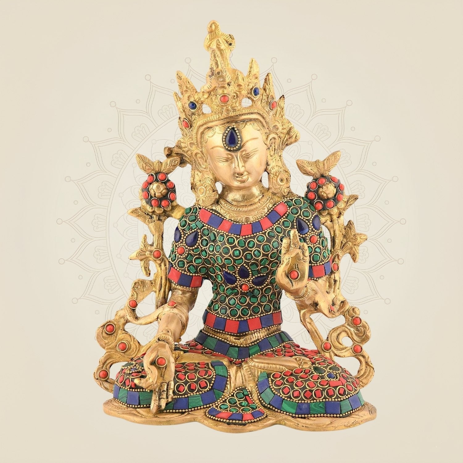 10.25" Brass Goddess Tara Mata Idol – Tibetan Decor | Antique Gemstone Multicolor Stone Work