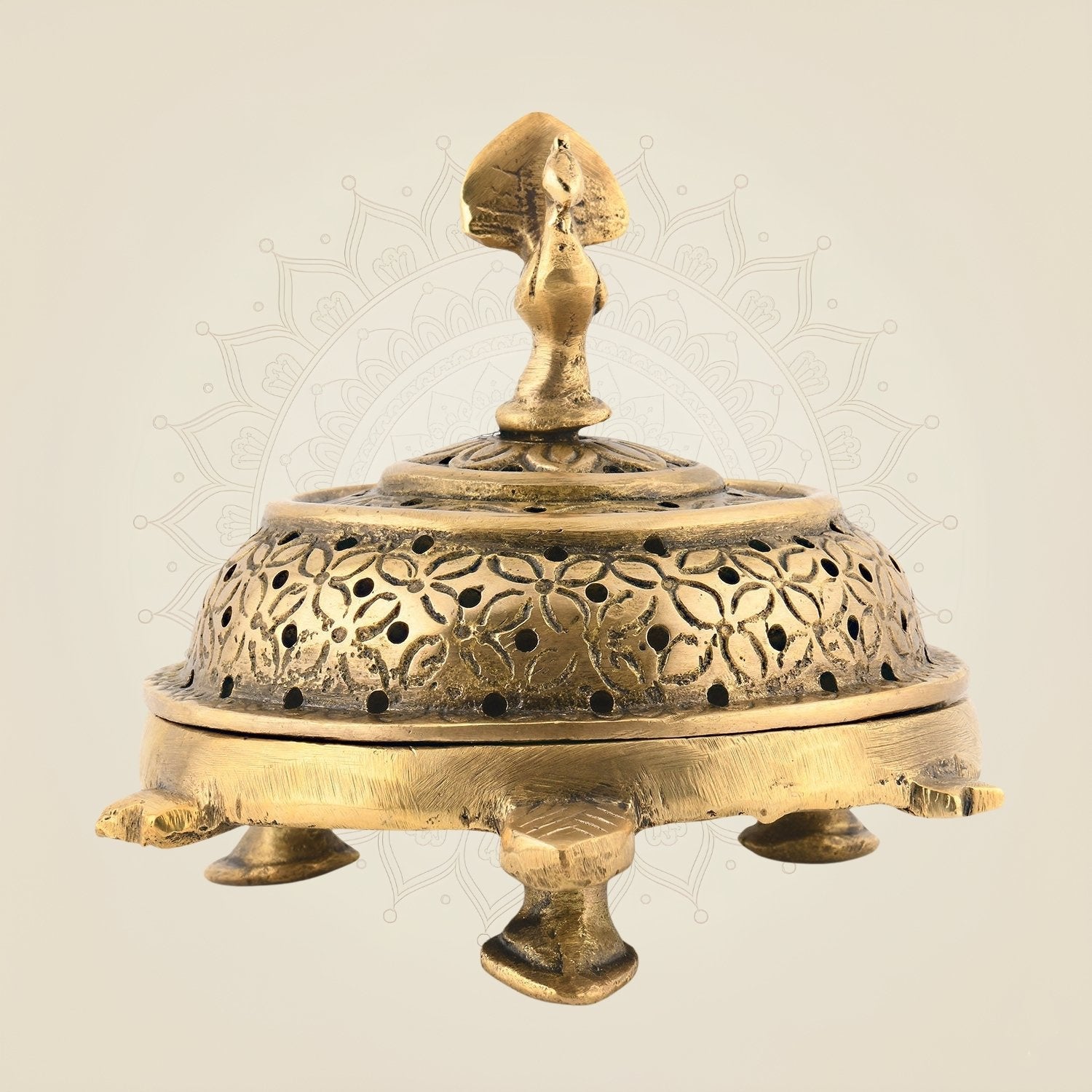 Peacock Brass Dhoop Dani with Tortoise Base | Spiritual Incense Burner Holder 4.25"