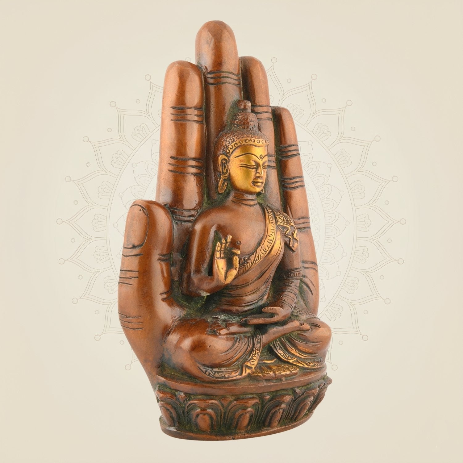 Meditating Buddha on Palm – Brass Idol in Butter Polish for Peace & Decor 9.25"