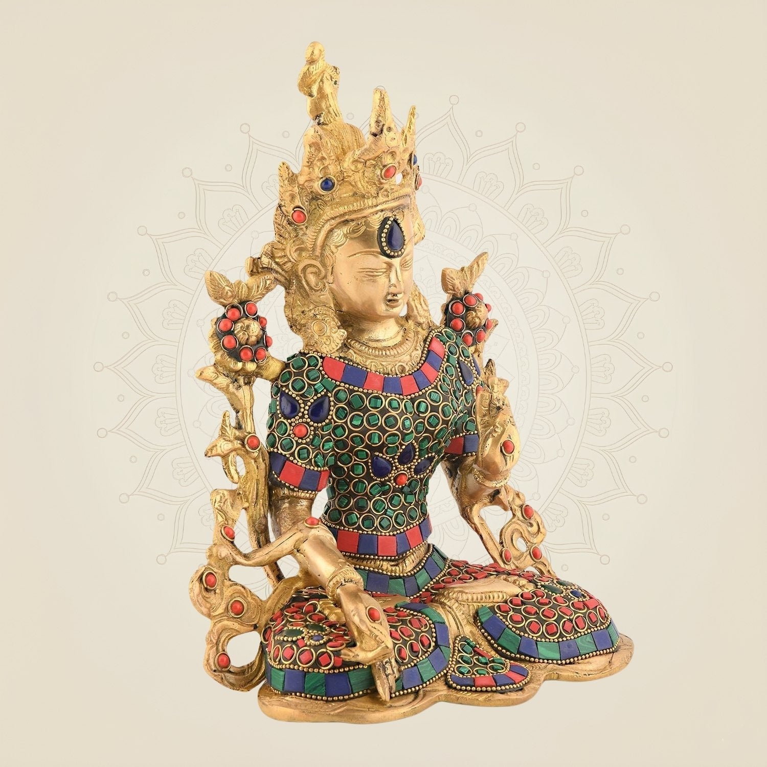 10.25" Brass Goddess Tara Mata Idol – Tibetan Decor | Antique Gemstone Multicolor Stone Work