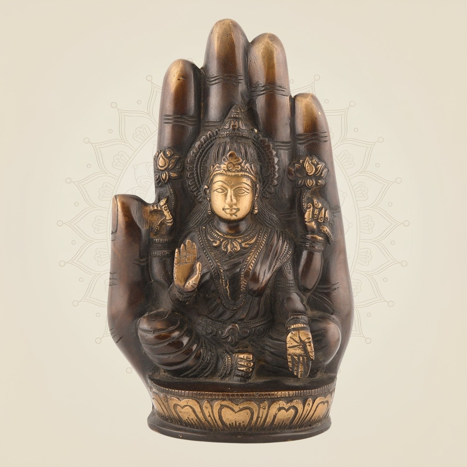 Brass Lakshmi Idol on Palm 9″ – Butter Polish Finish laxmi ji Statue for Wealth & Prosperity