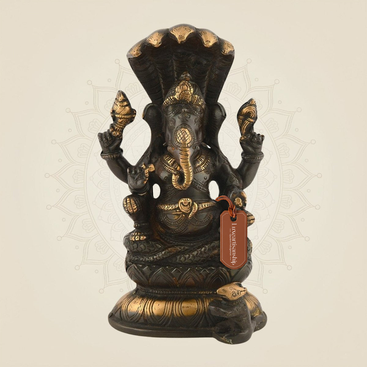 Brass Ganesha Idol Seated on Sheshnaag | Handcrafted black Colored Decorative Statue 8.25"