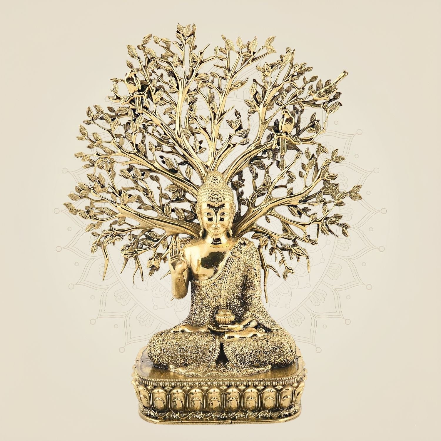 6.5" Brass Buddha Under Bodhi Tree – Enlightenment Idol on Lotus Base