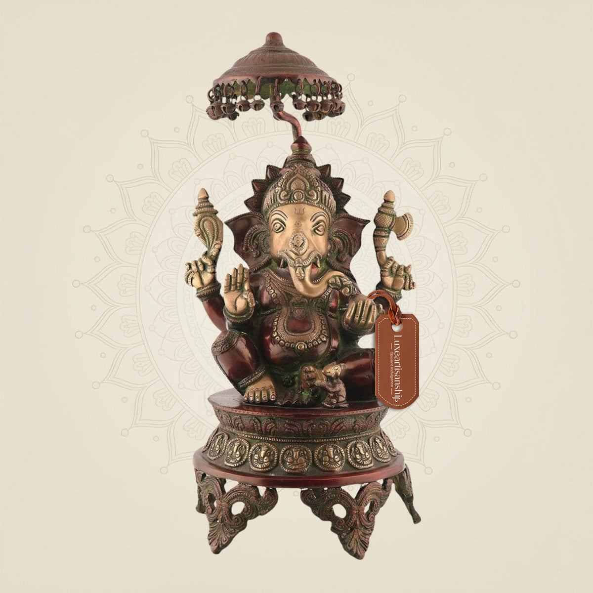 Ganesha with Umbrella – 18.25" Large Handcrafted Brass Idol for Decor
