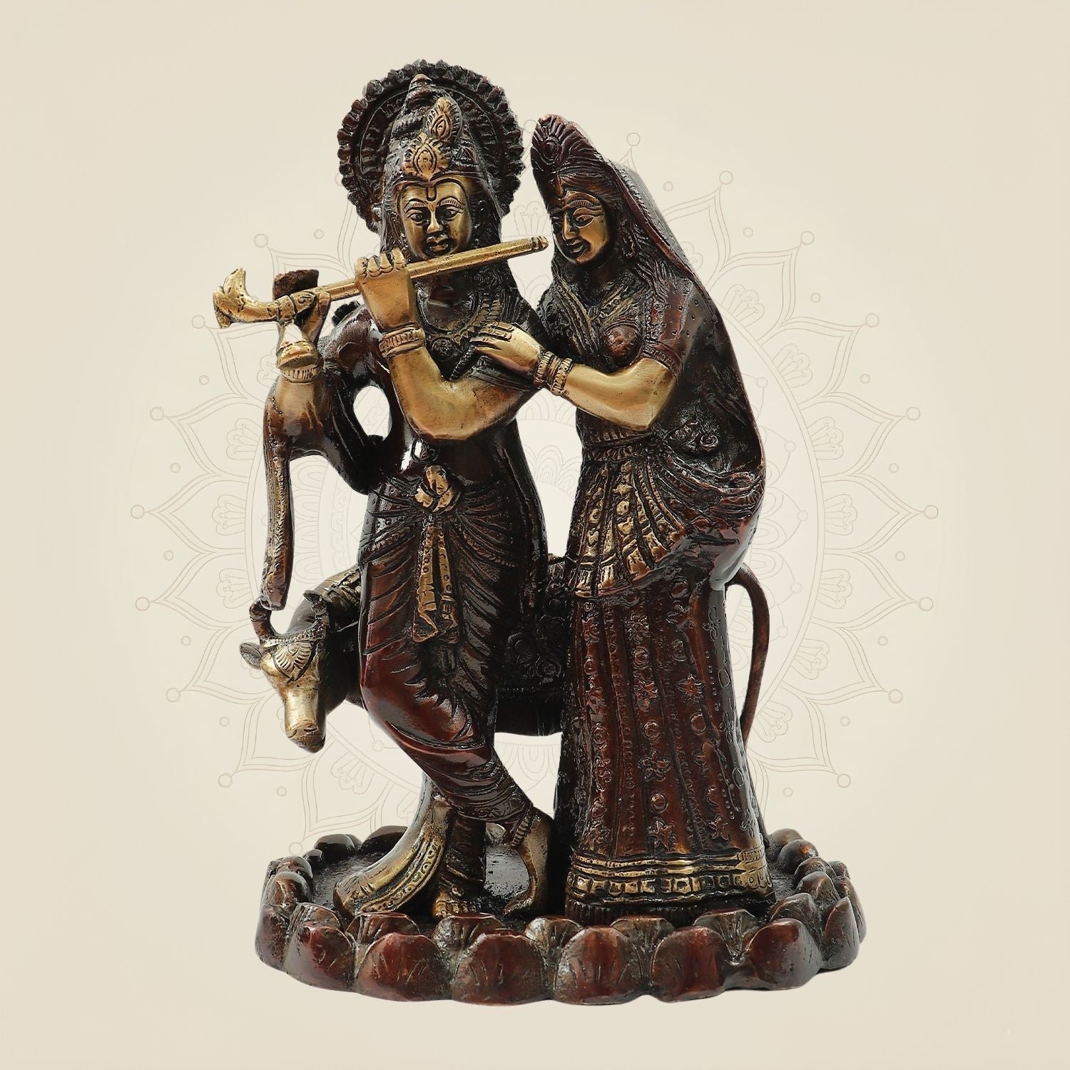 Hand Painted Brass Radha Krishna Idol | Flute Playing Murti 10.75" for Temple & Home Decor