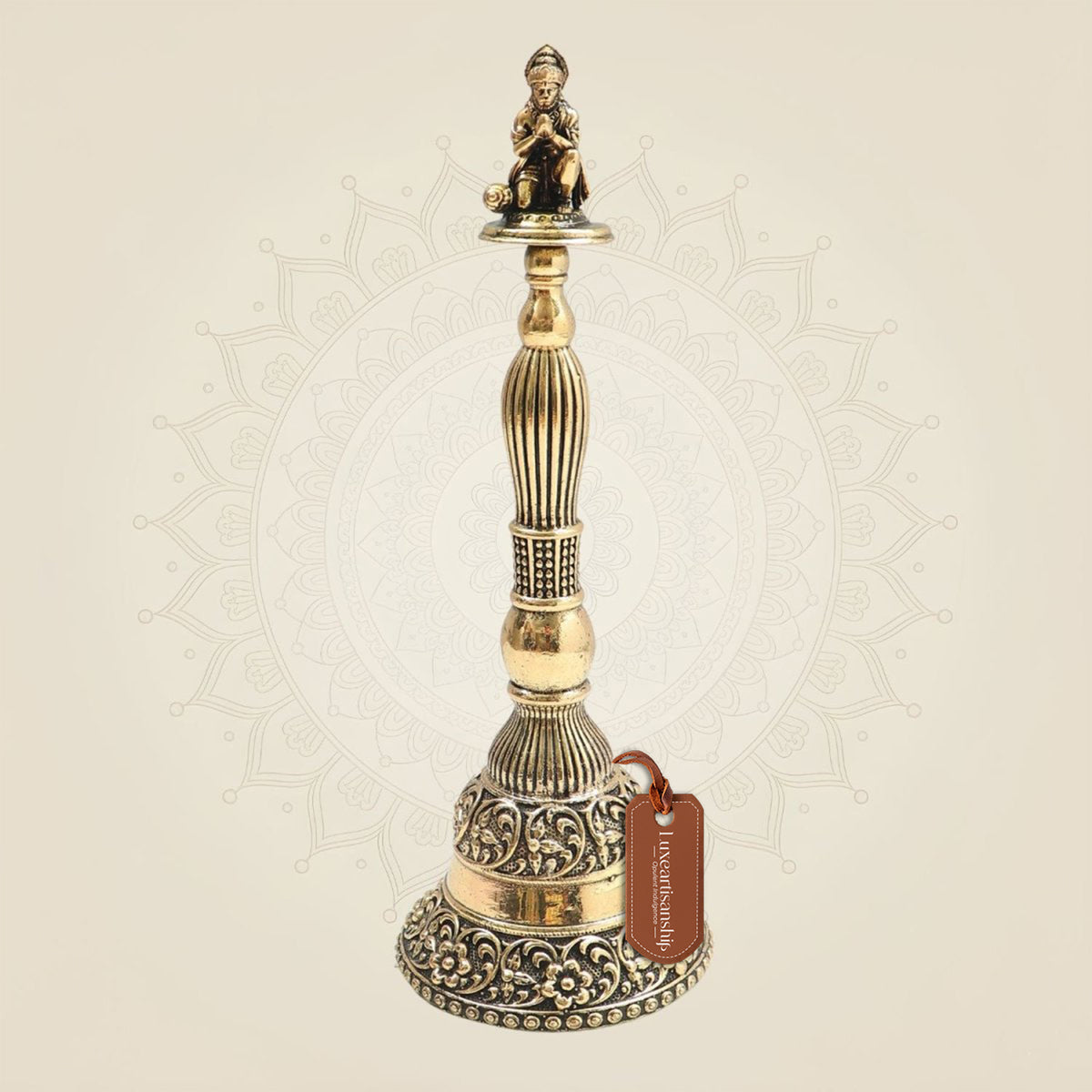 Brass Hanumanji Hand Bell Big Size with Auspicious Detailing 8"