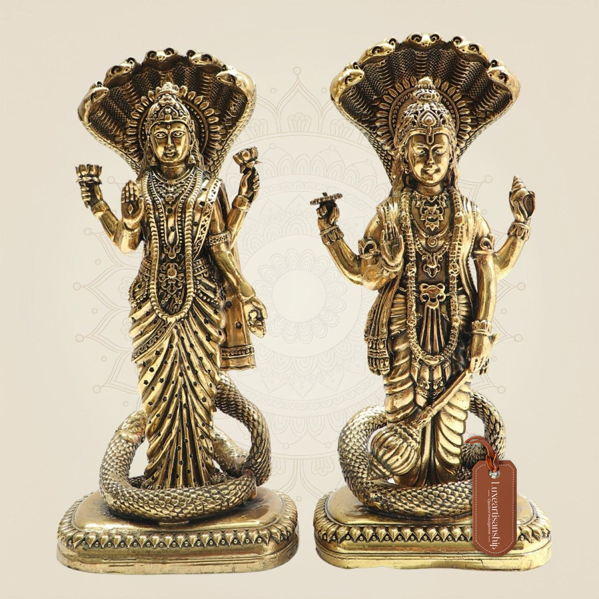 8.5" Brass Lakshmi Vishnu Idol beneath Sheshnag Serpent Hood
