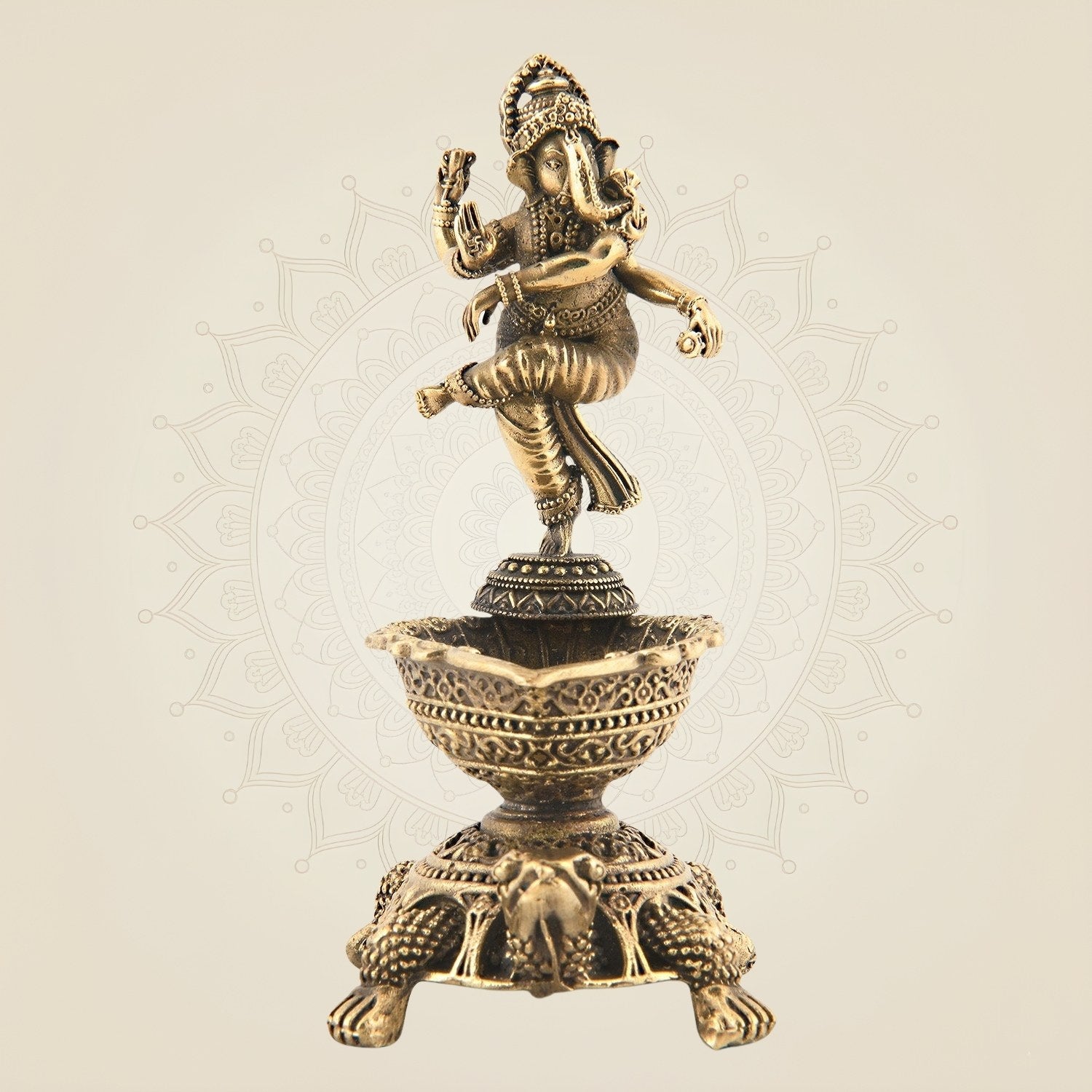 4" Brass Diya with Dancing Ganesha – Spiritual Oil Lamp for Puja & Decor