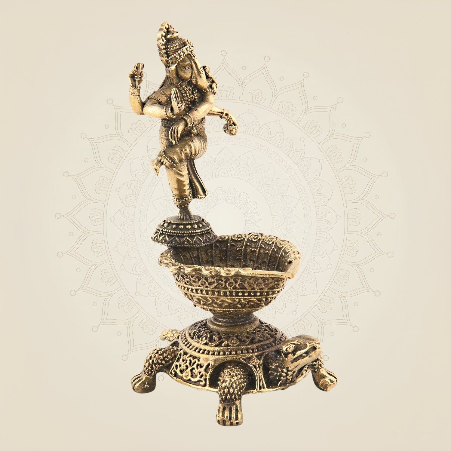 4" Brass Diya with Dancing Ganesha – Spiritual Oil Lamp for Puja & Decor