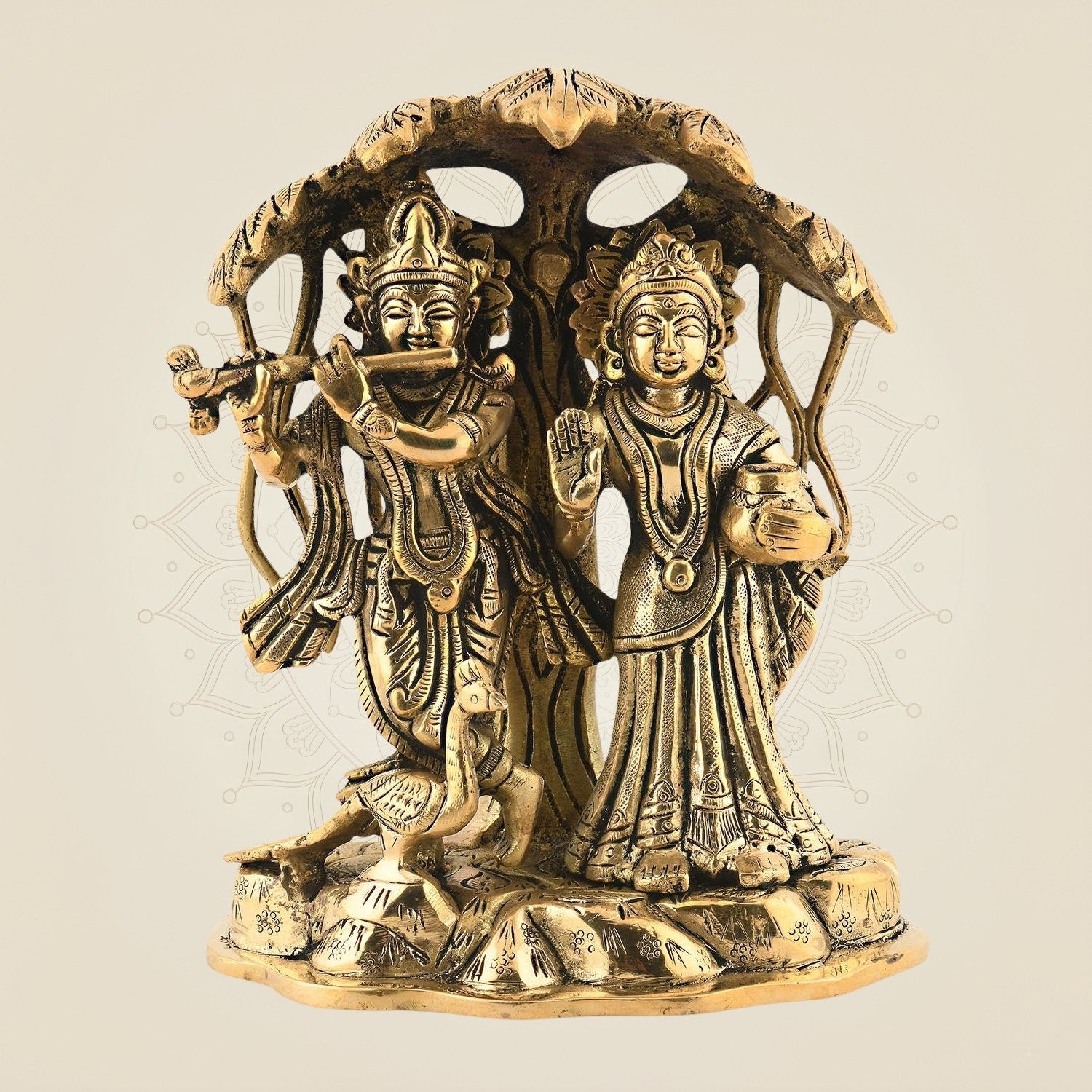 Brass Radha Krishna Idol Under Tree 5.25" - Symbol of Divine Love & Union