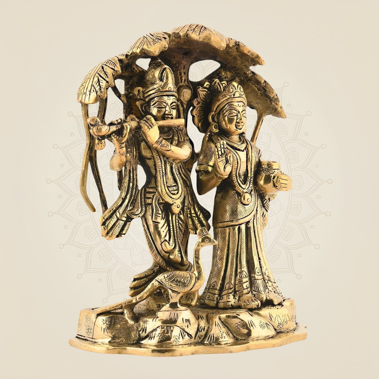 Brass Radha Krishna Idol Under Tree 5.25" - Symbol of Divine Love & Union