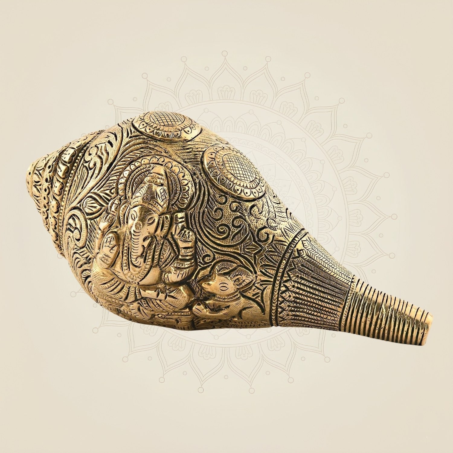Handcrafted Brass Shankh with Detailed Lord Ganesha Sculpture for Home Decor 4"
