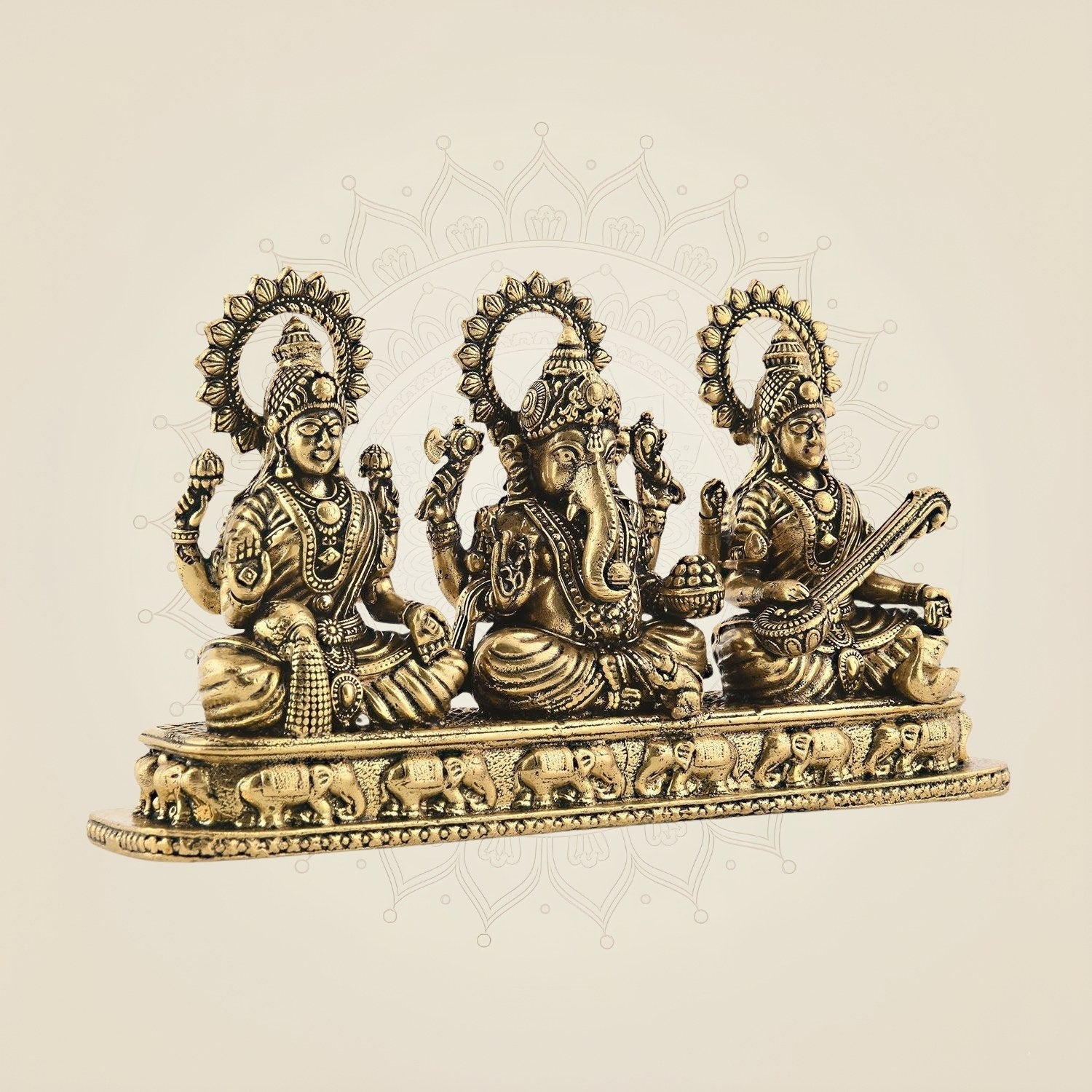 Brass Lord Ganesha, Laxmi & Saraswati Idol 3" Handcrafted Murti