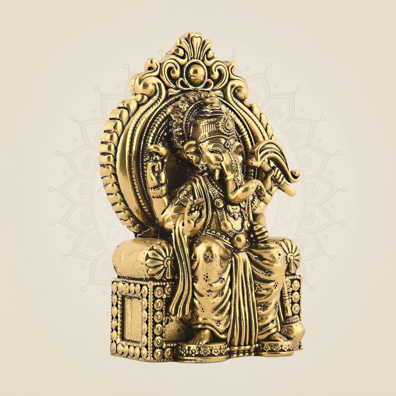Chaturbhuj Ganesha Seated on Singhasan - 4" Brass Statue for Vastu & Spiritual Decor