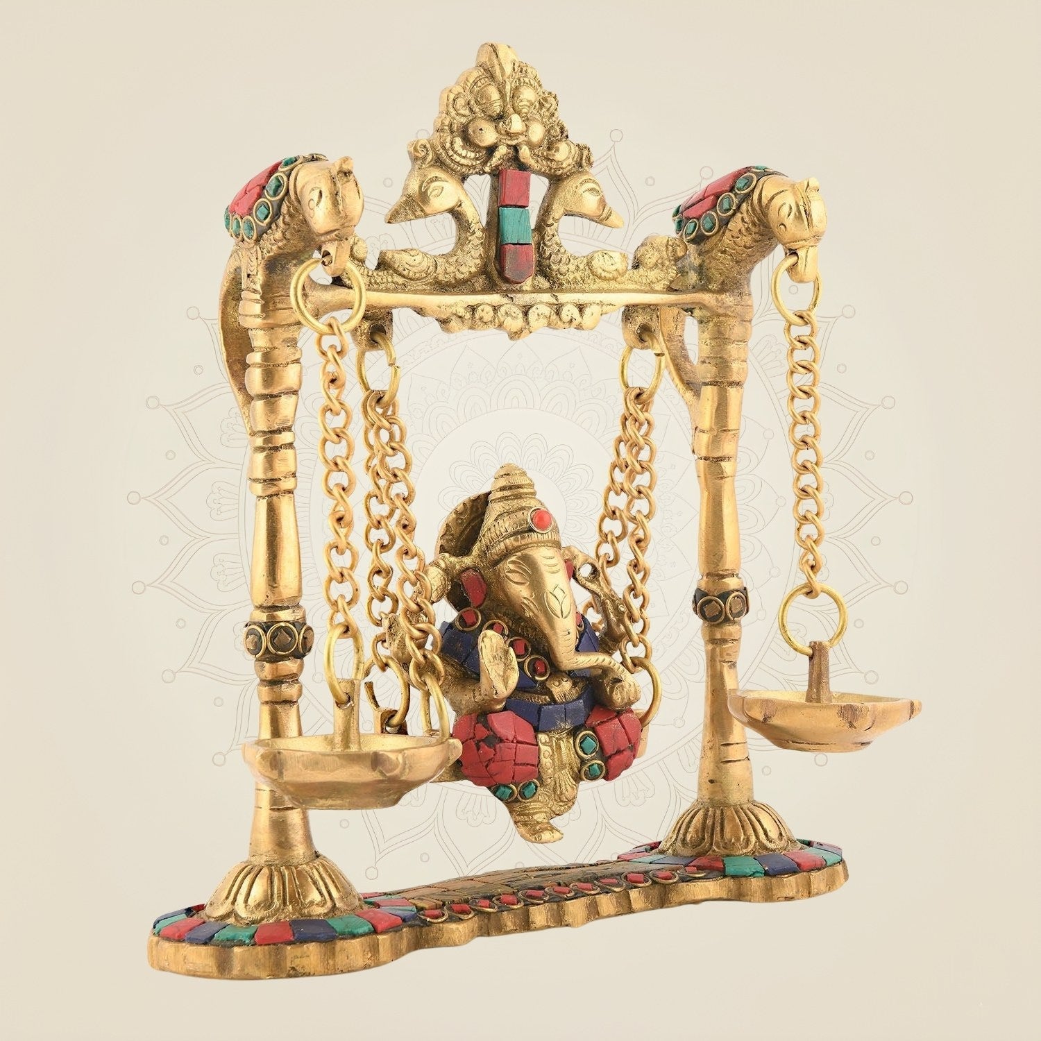 Brass Jhula Ganesha Idol – Multicolor Gemstone Work | Handmade Murti 8.75"