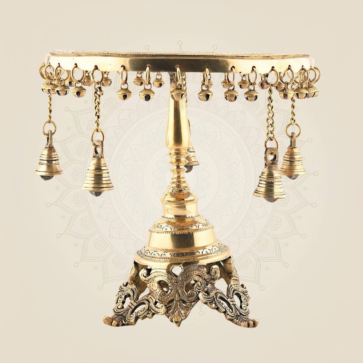 Round Brass Chowki with Hanging Bells & Ghungroos – 11" for Pooja & Decor