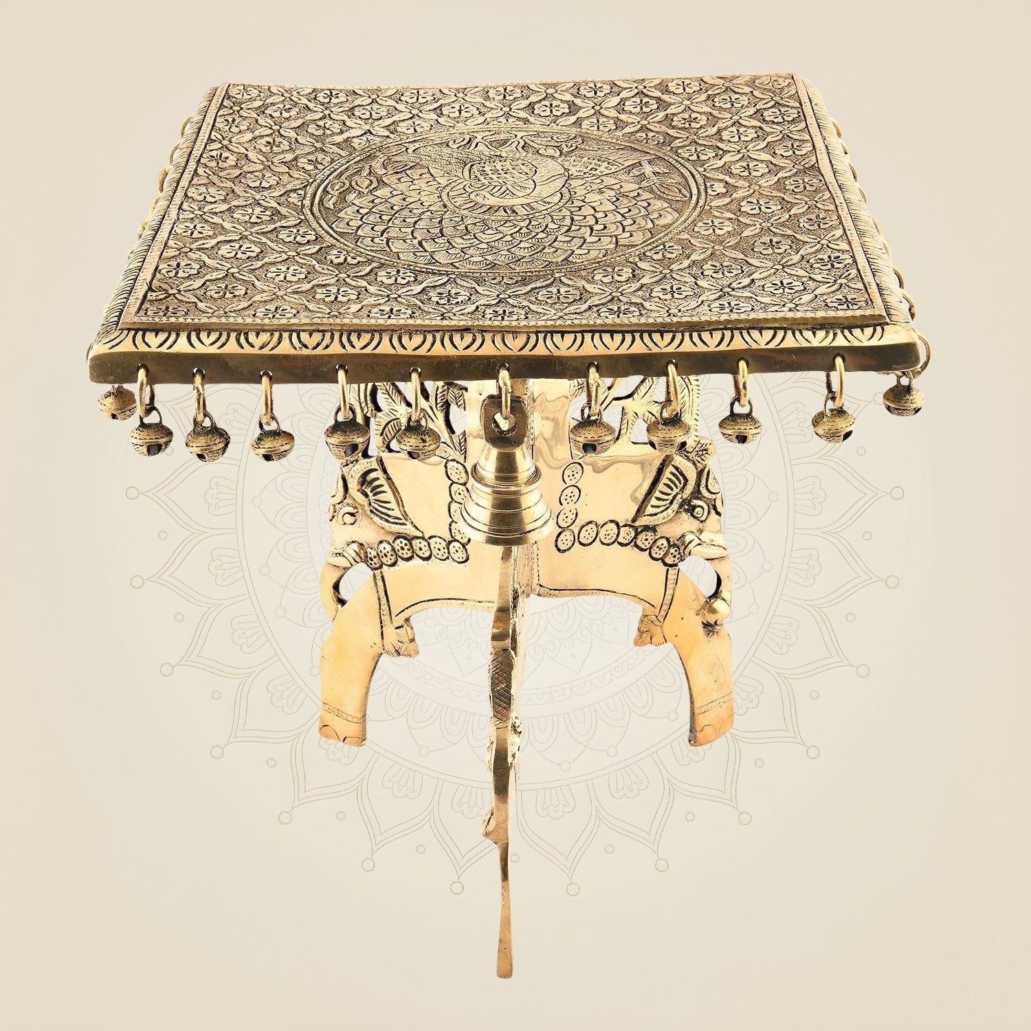 Engraved Brass Ritual Chowki with Ghungroos, Bell & Elephant Legs – 11.25"