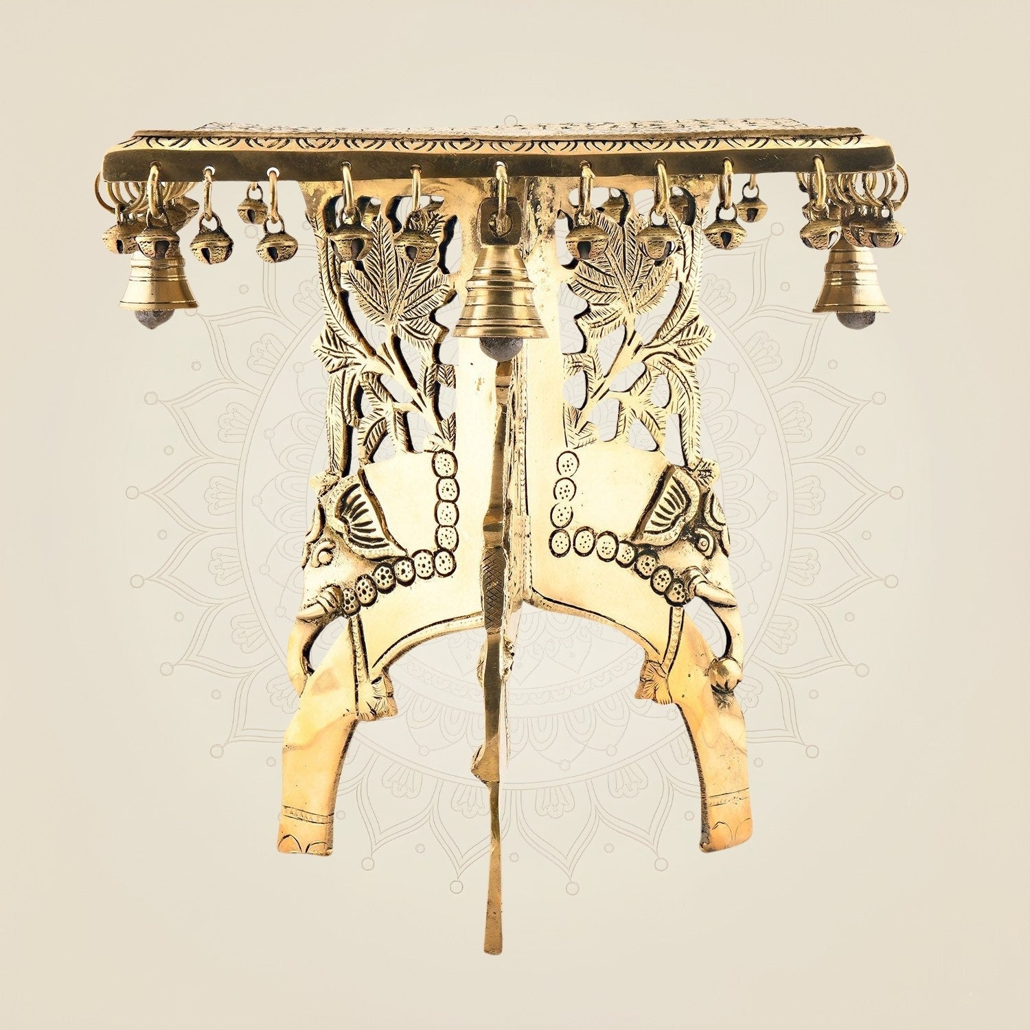 Engraved Brass Ritual Chowki with Ghungroos, Bell & Elephant Legs – 11.25"